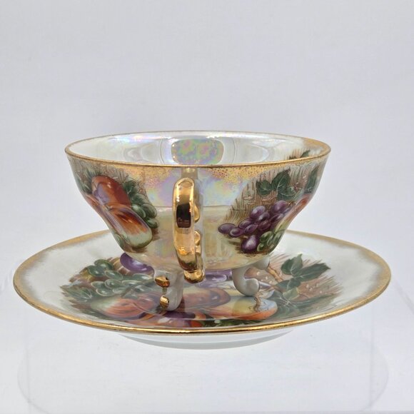 Royal Sealy Japan Lusterware Teacup Saucer Grapes Apples Gold Trim - Picture 3 of 10